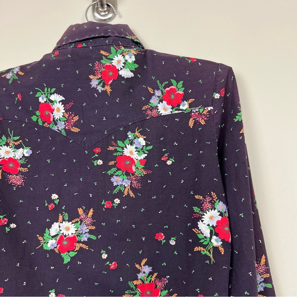 vintage 1950s western shirt black pearl snaps floral print dagger collar hippie - Picture 6 of 14